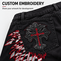 Jeans baggy noirs sur mesure pour hommes, denim en coton 14 oz, broderie en forme de croix, fabrication OEM, étiquette privée, streetwear