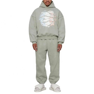 Streetwear 100% coton personnalisé survêtement délavé à l'acide ensemble de 2 pièces impression bouffante pantalons de survêtement délavés au soleil et pull-over ensemble à capuche Fo - Product Image 2