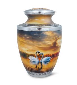 Urna Funeraria Conmemorativa con Diseño de Cisne al Atardecer, con Escena de Lago Tranquilo y Tapa Plateada para Cenizas de Adultos - Product Image 1
