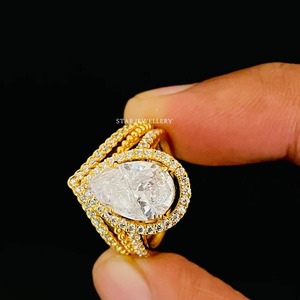 Bague de fiançailles Halo en or massif 14K 2 Ct poire moissanite diamant style Art déco, bague solitaire en diamant Moissanite taille poire - Product Image 2