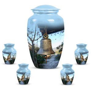 Urnas de cremación funeraria impresas en esmalte con pegatina de diseño de campana para suministros de servicio de entierro a bajo precio, urnas de ceniza de Metal de estilo clásico - Product Image 6