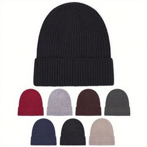 Adulte unisexe automne hiver épaissi chaud mode froid couleur unie tricoté chapeau bonnets pour hommes - Product Image 1