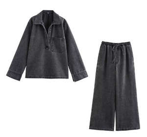 Women's Autumn Fashion Blue Long Sleeve Lapel Pocket <b>Denim</b> Tops <b>For</b> Women <b>Shirt</b> High Waist Wide Leg Pants Two Piece <b>Denim</b> Sets - Product Image 5