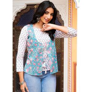 Top de punto para mujer, azul marino, de algodón, estampado a mano - Product Image 3