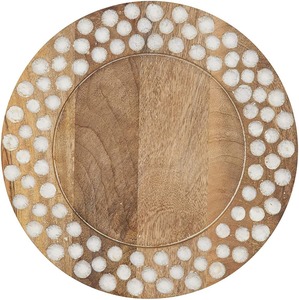 Bandeja redonda de madera hecha a mano con borde decorativo con incrustaciones de puntos blancos, bandeja decorativa para mesa de comedor, para eventos festivos - Product Image 1