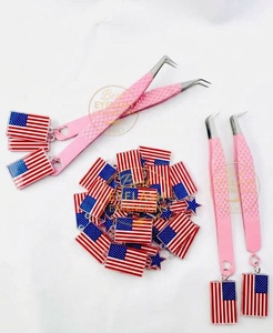 Pince à épiler pour extensions de cils en acier inoxydable noir, anti-magnétique, anti-statique, à pointe lisse de 10 mm, avec porte-clés drapeau américain et logo personnalisé, pour la beauté - Product Image 1