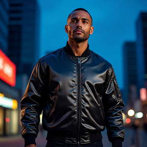 แจ็กเก็ตบอมเบอร์แขนยาวสำหรับผู้ชายเสื้อแจ็กเก็ตมีซิปด้านหน้าผ้าซาตินโลโก้ดีไซน์แบบลำลองสไตล์เบสบอลผ้าไหมซาติน - Product Image 2