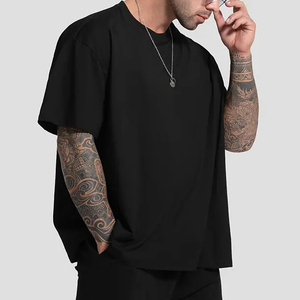 เสื้อยืดผ้าฝ้ายสำหรับผู้ชายเสื้อโอเวอร์ไซส์ผ้าคอตตอนทรงบ็อกซี่ทรงหลวมเปิดไหล่แบบเรียบใส่สบายพร้อมโลโก้ออกแบบได้ตามต้องการ - Product Image 3