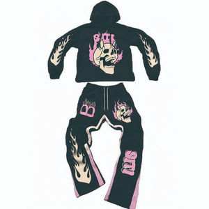 Ensemble de survêtement pour homme de haute qualité, pantalon droit à pattes évasées avec poche kangourou vintage surdimensionnée, cordon de serrage, capuche - Product Image 1