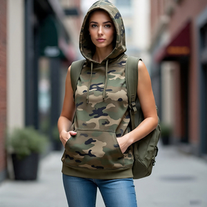 เสื้อฮู้ดแขนกุดพิมพ์ลายพรางสำหรับสตรีขนาดใหญ่พิเศษทรงหลวมพิมพ์ลายพราง - Product Image 3