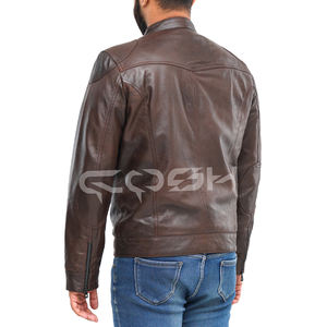 Vintage-Style Dark Brown Genuine Leather Bomber <b>Jacket</b> with Snap-Button Front Closure and Band Collar - Product Image 5