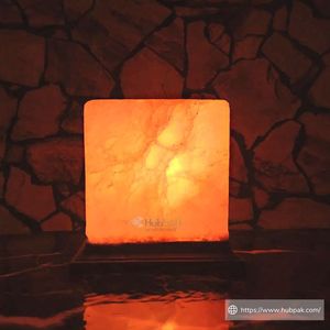 Stylish Square Natural Himalayan Salt <b>Lamp</b> with Elegant <b>Wooden</b> <b>Base</b> Hand-Carved Design for Warm Soothing Light and Love Decor - Product Image 5