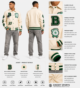 Veste de sport SINEWY pour homme, style universitaire, crème et vert, avec patch en chenille, boutons pression, style preppy, pour l'automne - Product Image 1