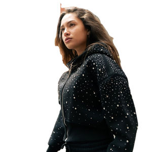 Cropped <b>Zip</b> Rhinestone Streetwear Hoodies Breathable & Comfortable Cropped Streetwear Rhinestone Custom Hoodies OEM Available - Product Image 2