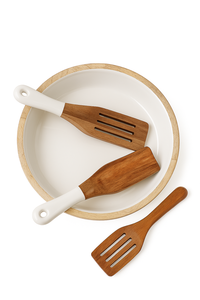 Ensaladera redonda de madera para cocina casera con 2 espátulas Mango de madera con esmalte para mezclar frutas y verduras ensaladera - Product Image 5