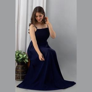Robe de soirée trapèze en satin bleu marine, taille empire, confortable, manches mi-longues, tailles XS/XL, formelle, simple, longueur genou ou longueur ras du sol - Product Image 4