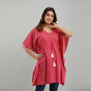 Free Size Pink Leheriya Print Cotton <b>Kaftan</b> Dress Elegant Hippie Style for Summer <b>Beach</b> Day ODM Supply-SHKUP1225 - Product Image 3