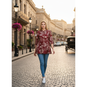 Haut en soie à imprimé floral pour femme avec embellissements en dentelle - Taille XL - Vêtement de cérémonie - Col à nœud - Product Image 1