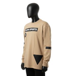 Mens premium 240 GSM cotton knit <b>long</b> sleeve <b>t</b> <b>shirt</b> beige <b>black</b> panel heat transfer logo relaxed street style <b>T</b>-<b>shirt</b> for men - Product Image 4