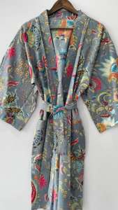 Albornoz ligero bohemio hecho a mano indio Kimono de algodón con estampado floral de bloques Bata de algodón suave Loungewear ODM Supply - Product Image 2