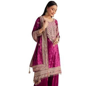 Vestito Palazzo ricamato in velluto rosa Magenta all'ingrosso abbigliamento etnico da donna OEM fornitore di abbigliamento personalizzato per feste - Product Image 4