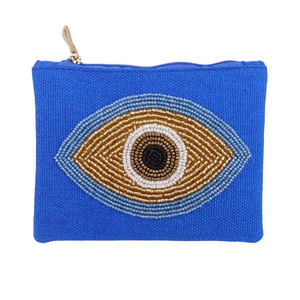 Porte-monnaie en toile bleue fait main avec broderie de perles en forme d'œil maléfique, forme rectangulaire - Product Image 1