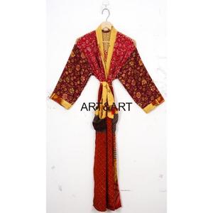 Vêtements de nuit indiens de luxe pour femmes Kimono en soie respirant Ceinture Style bohème Patchwork Robe en soie recyclée Bikini Cover Up Spa Kimono - Product Image 2