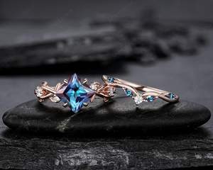 Plata de Ley 925 corte princesa alejandrita compromiso junio piedra natal hoja promesa anillo ramita rama vid anillo de bodas - Product Image 4