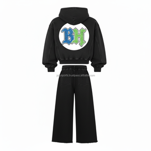 Heavy 380 GSM Chándal de algodón cepillado Sudadera con capucha negra de gran tamaño y pantalones de pierna ancha Chándal de estilo bordado con logotipo personalizado - Product Image 2