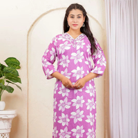Kurta katun organik murni, tenun, bernapas, dapat dicuci, kerah V, motif bunga lucu, potongan samping lurus, pinggang elastis panjang (3/4)