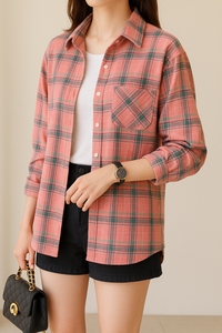 Chemise à carreaux en coton pour femmes printemps nouveauté style coréen tout-match rétro à manches longues veste haut ample tout-match - Product Image 4