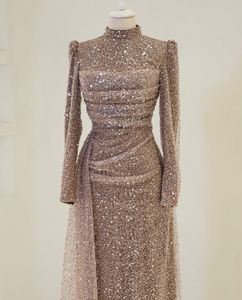 Luxury <b>Strapless</b> Floor-Length Mermaid Silhouette Evening Dress Long Sleeves Built-in <b>Bra</b> Bronze Gold Sequins Breathable Mesh - Product Image 2