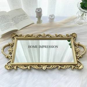 Gingko Leaves Designer <b>Handles</b> Heavy Duty Metal Frame Gold Plated Rectangle Shape Mirror Tray Hotel and Restaurant Accessories - Product Image 4