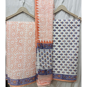 ชุดสูทผ้าฝ้ายสำหรับผู้หญิง ลายบล็อกพิมพ์ พร้อมผ้าคลุมไหล่ สไตล์ดั้งเดิมสุดหรู - Product Image 1