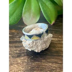Navajo Handmade <b>Ring</b> Multi-Stone Sterling Silver Inlay Geometric Pattern <b>Opal</b> Pearl Platinum Rhodium Size 8.75 Everyday Wear - Product Image 3