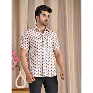 Chemise décontractée en popeline de coton blanche pour homme, imprimée, manches courtes, respirante, style western, taille XL - Product Image 5