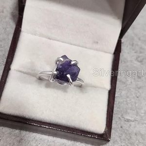 Rough Women's <b>Ring</b> Natural <b>Amethyst</b> Gemstone February Birthstone Prong Band Christmas Handmade Jewelry 925 Sterling Silver <b>Ring</b> - Product Image 1