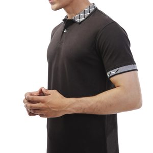 Polo gris pour homme avec col et manches à motifs, en coton confortable, décontracté, élégant, à manches courtes, tendance - Product Image 3