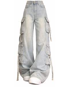 Pantalon cargo en jean bleu clair pour femme, coupe large, style streetwear, ample, multi-poches, lavage vintage, pantalon tendance - Product Image 2