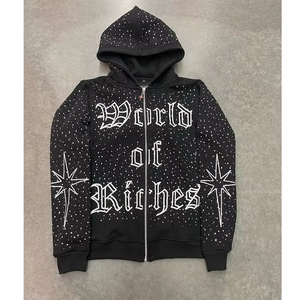 <b>Black</b> Rhinestone <b>Zip</b> <b>Up</b> <b>Hoodie</b> Studded Streetwear Hooded Sweatshirt Unisex Circular Symbol Print Starbursts - Product Image 2