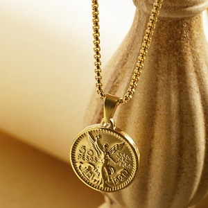 Collier double face gaufré avec pièce de <span class=keywords><strong>50</strong></span> <span class=keywords><strong>pesos</strong></span> pour hommes et femmes, en acier inoxydable plaqué <span class=keywords><strong>or</strong></span> 18 carats, collection de bijoux vintage - Product Image 4