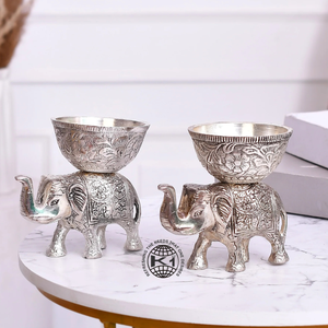 set of two <b>metal</b> elephant dry fruit <b>bowls</b> with a silver polish finish - Product Image 1