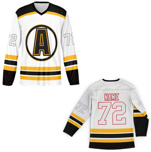 Maillot de hockey blanc, noir et jaune, personnalisé, sublimé, grand logo, uniforme d'équipe, col en V, manches longues, nom et numéro de joueur personnalisés - Product Image 3