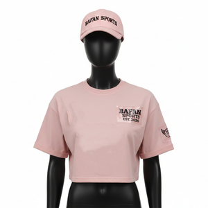 Women Crop Top Premium Cotton Polyester Jersey Fabric 180GSM Soft <b>Blush</b> Pink Custom Woven Patch Logo Women Crop top Shirt Cotton - Product Image 6