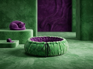 Cama Redonda Premium para Gatos Amistar EmeraldViolet XL – Interior de Piel Sintética Verde Brillante y Terciopelo Morado Oscuro, 102 cm - Product Image 5