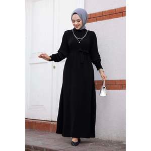 Robe Hijab brodée florale vintage, manches plissées, robe tissée noire au sol Style romantique, taille naturelle, mode - Product Image 4