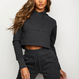 Conjunto de sudadera con capucha y logotipo personalizado para mujer, conjunto de Sudadera con capucha recortada con hombros caídos y resistente al encogimiento de poliéster - Product Image 5