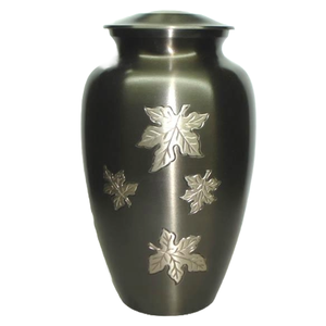 Urne funéraire en métal noir et argent unique avec motif de feuilles tombantes Fourniture de funérailles commémoratives de cendres pour adultes - Product Image 2