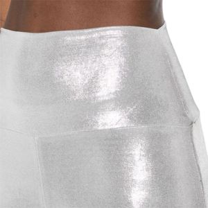 Norma Kamali Pantalones acampanados metálicos Tono plateado Diseño elástico Cintura alta Longitud larga Moda moderna Pantalones de campana - Product Image 4