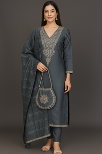 ชุดสلوار คามีซ ผ้าเรยอนผสมปักลาย พร้อมกระเป๋าพอตลี 3 ชิ้น ชุดชาติพันธุ์สำหรับร้านค้าปลีก สีพีช ม่วง เทา - Product Image 3